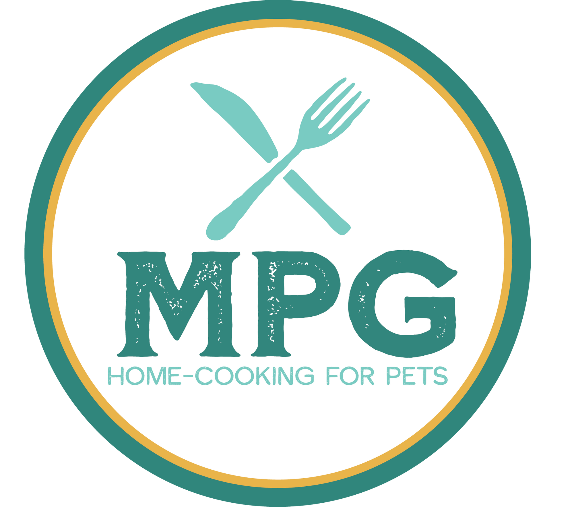 teal white and yellow MPG logo with fork and knife