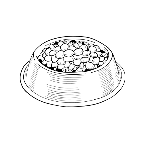 Line drawing of a bowl of food that gets filled with kibble, a fourth at a time.