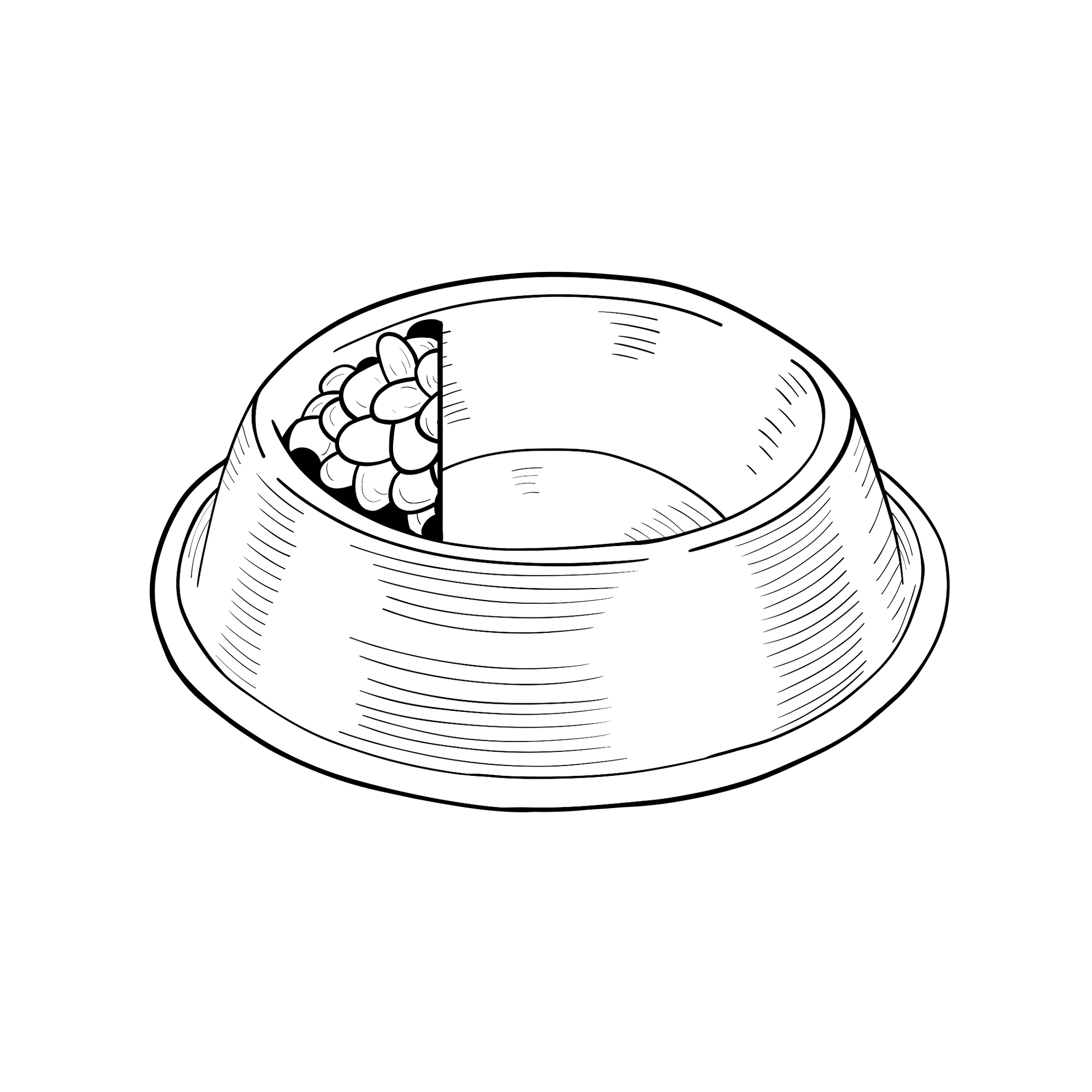 Line drawing of a bowl of food, filled 1/4 of the way with kibble.