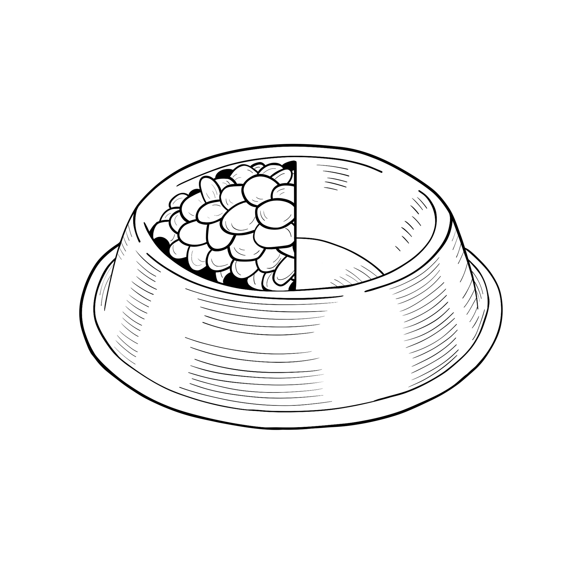 Line drawing of a bowl of food, filled half of the way with kibble.