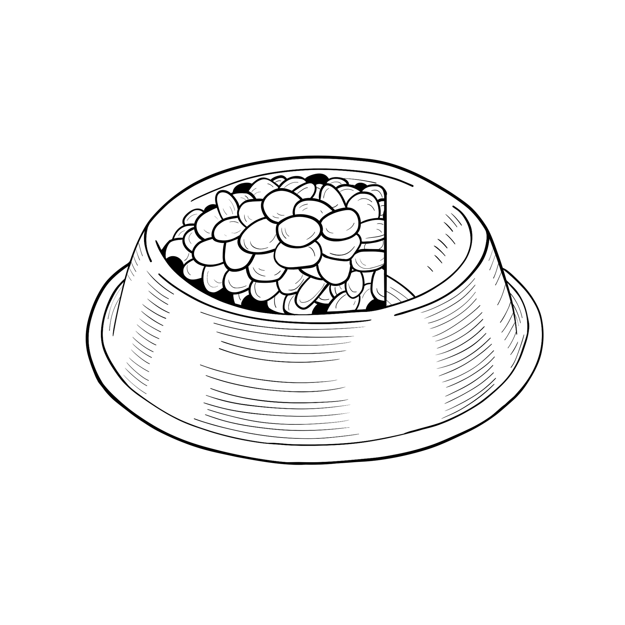 Line drawing of a bowl of food, filled 3/4 of the way with kibble.