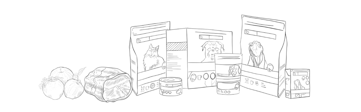Line drawing of various canine and feline products lined up next to several apples and a roast.