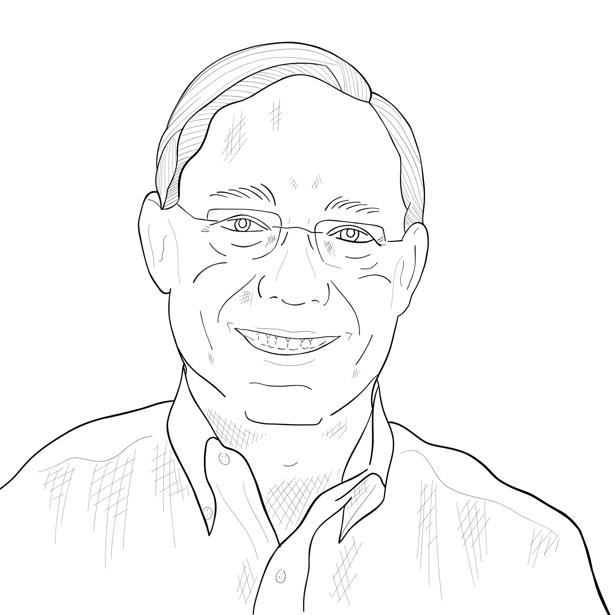 Line drawing of Dan Pitt. A portrait of a man smiling with glasses.