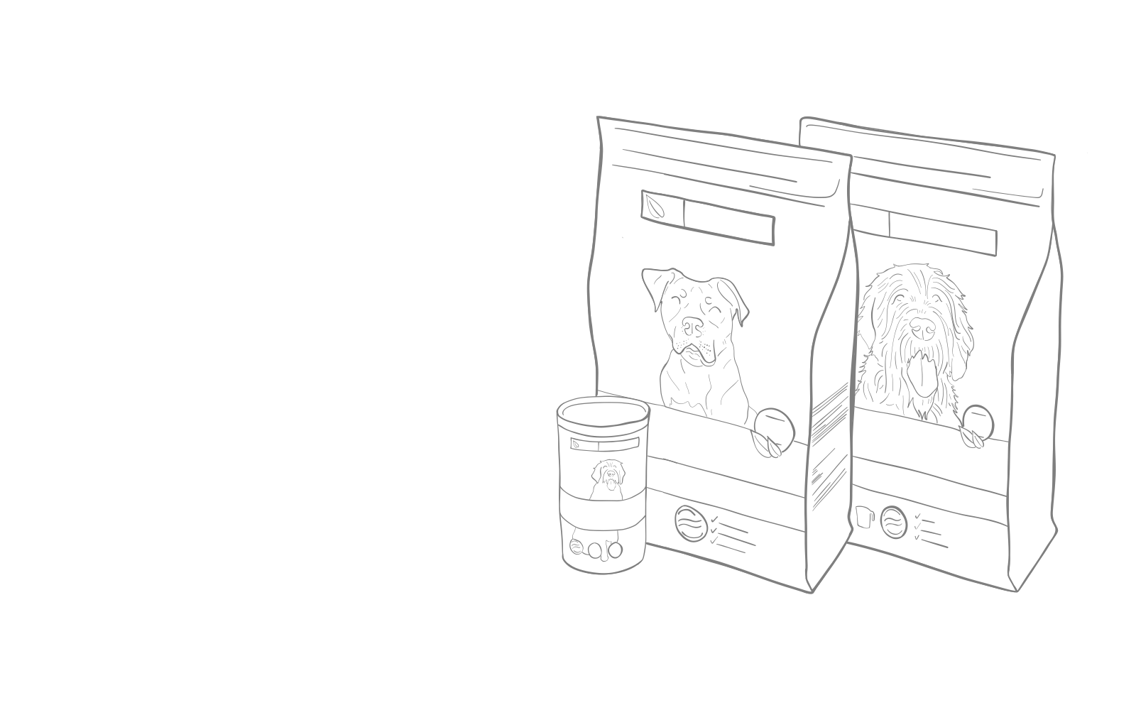 Line drawing of the canine Low Fat Kangaroo-MAINT products. A can and two bags of dry food propped up.