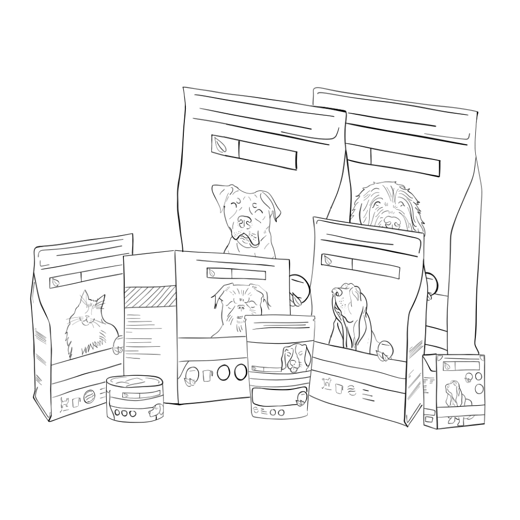 Line drawing of various canine and feline products, a feline dry food bag, feline can of food, box of food, a bag of treats, a carton of dog food, and several bags of canine dry food.