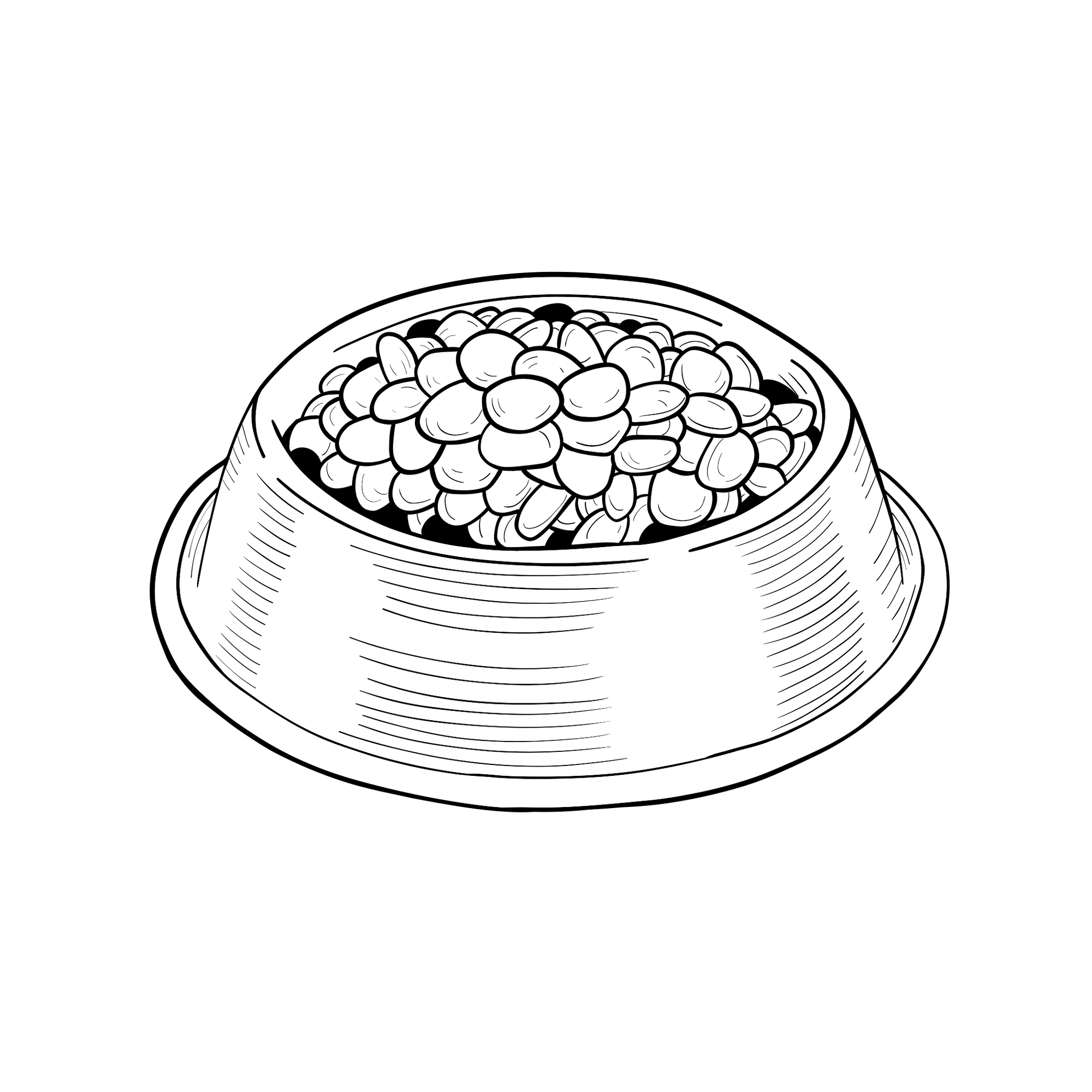 Line drawing of a bowl of food, filled with kibble.