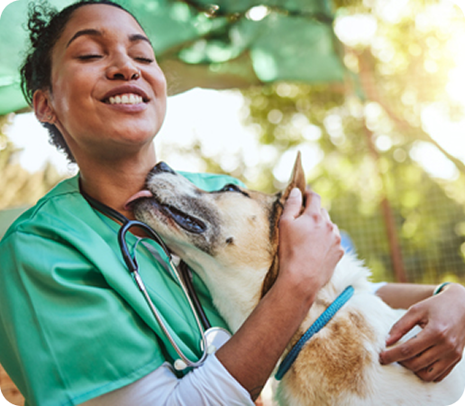 decorative photo of vet hugging dog